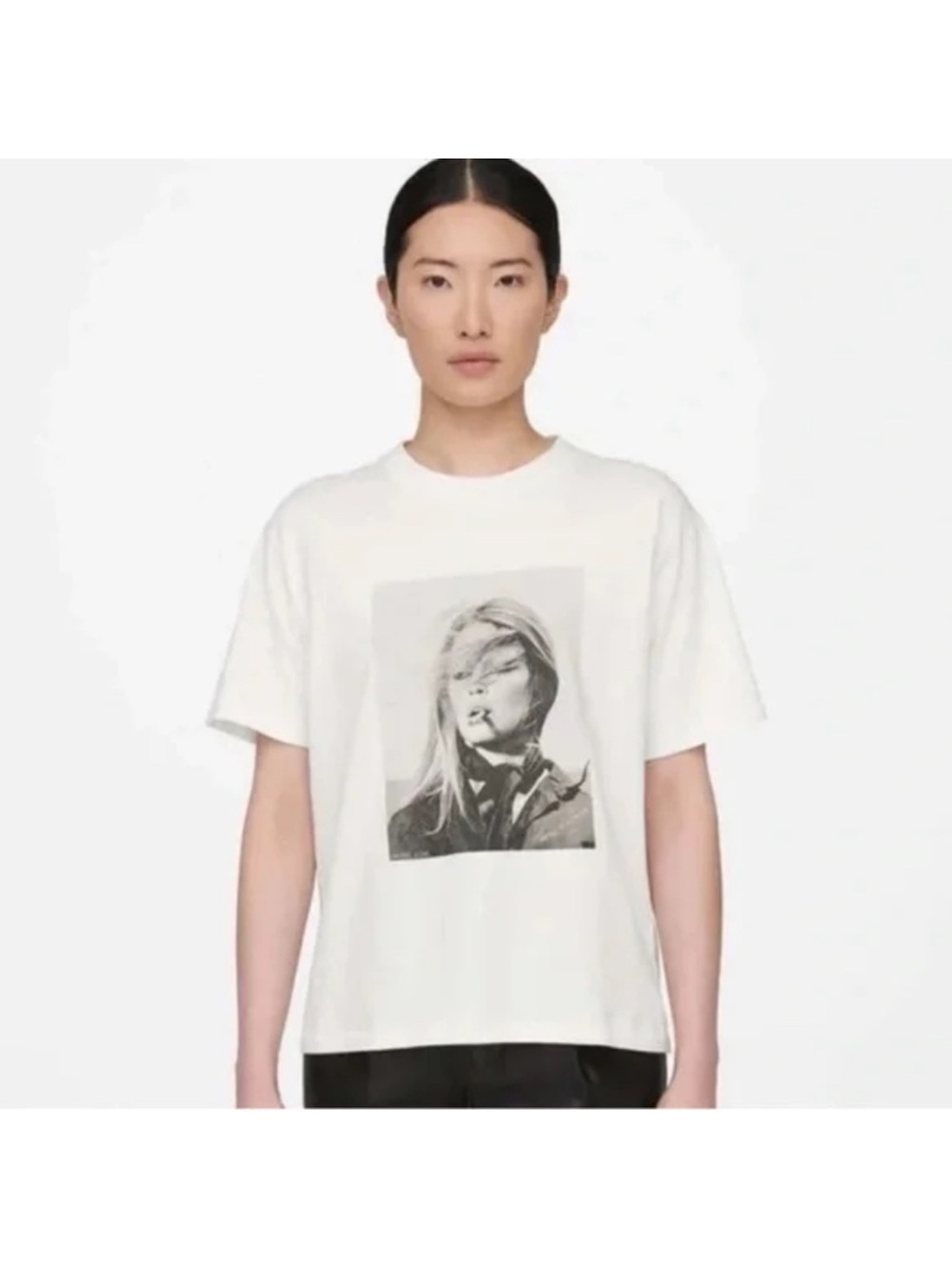 Annie Bing White Graphic Crewneck T-Shirt with Monochrome Print